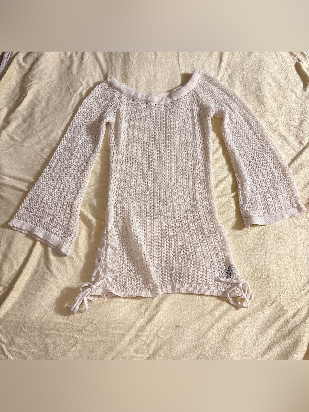 SHEIN White Crochet Bell Sleeve Short Mini Dress Cover Up Scoop Neck Sz X Small